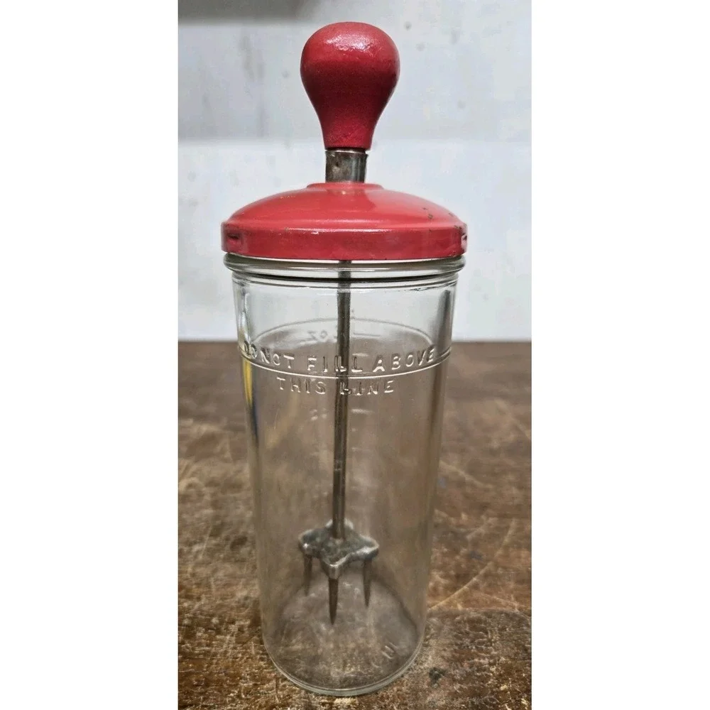 Vintage Hand Crank Glass Food Chopper Mixer Red Top Measuring Jar Kitchen